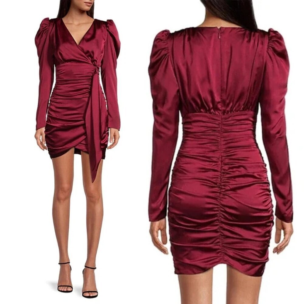 New! Lavish Alice Burgundy Red Satin Long Sleeve Wrap Mini Dress 2454